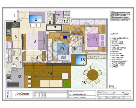 Na prancha de Layout, os espaços são configurados e a organização do mobiliário é concebida juntamente aos acabamentos.